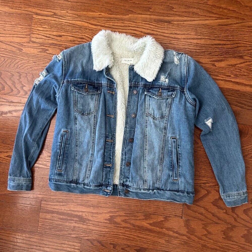 Pacsun Sherpa Denim Trucker Jacket Fleece Lined Size Large Distressed - Picture 12 of 12